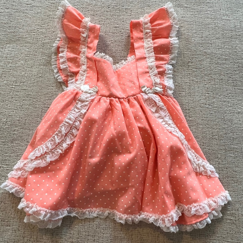 Vintage MiniWorld Coral Pink Polka Dot Lace Ruffle Pinafore‎ Dress Size 2T